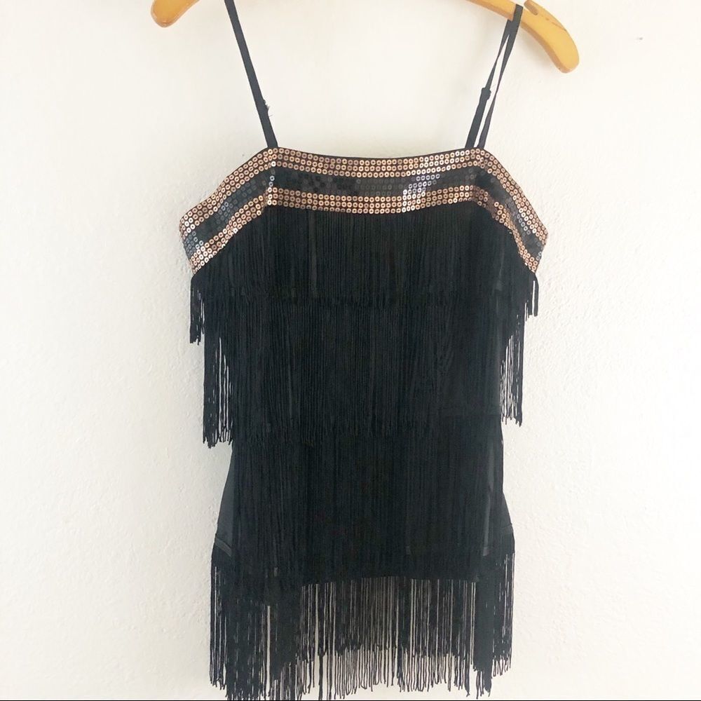 Andree spaghetti strap fringe sequins neck black top  size M